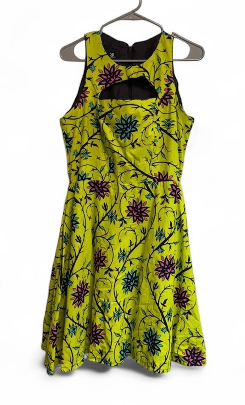 Ray Darten Yellow Floral Sleeveless Vibrant Cotton Midi A Line Dress Large